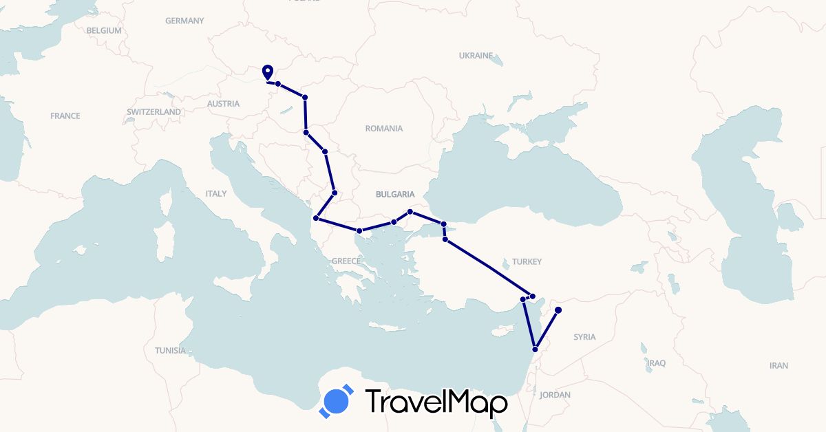 TravelMap itinerary: driving in Albania, Austria, Greece, Hungary, Lebanon, Serbia, Slovakia, Syria, Turkey, Kosovo (Asia, Europe)
